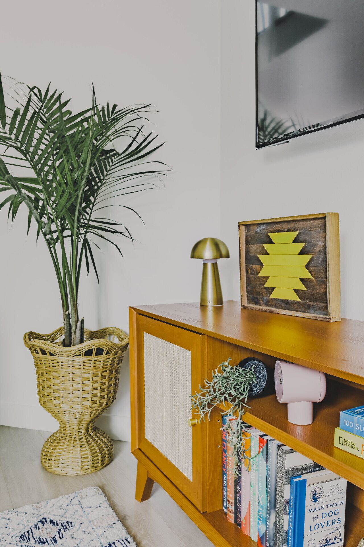 Une pièce avec un meuble en bois, une plante en pot, un tableau encadré et des livres sur une étagère.