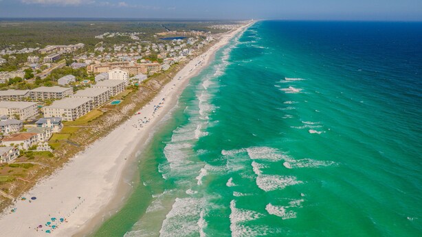 An aerial view of a coastal area with a beach, buildings, and ocean. - 🦩Book Me Baby! Sun Of A Beach in Santa Rosa Beach~Golf Cart Included🦩 (Santa Rosa Beach)