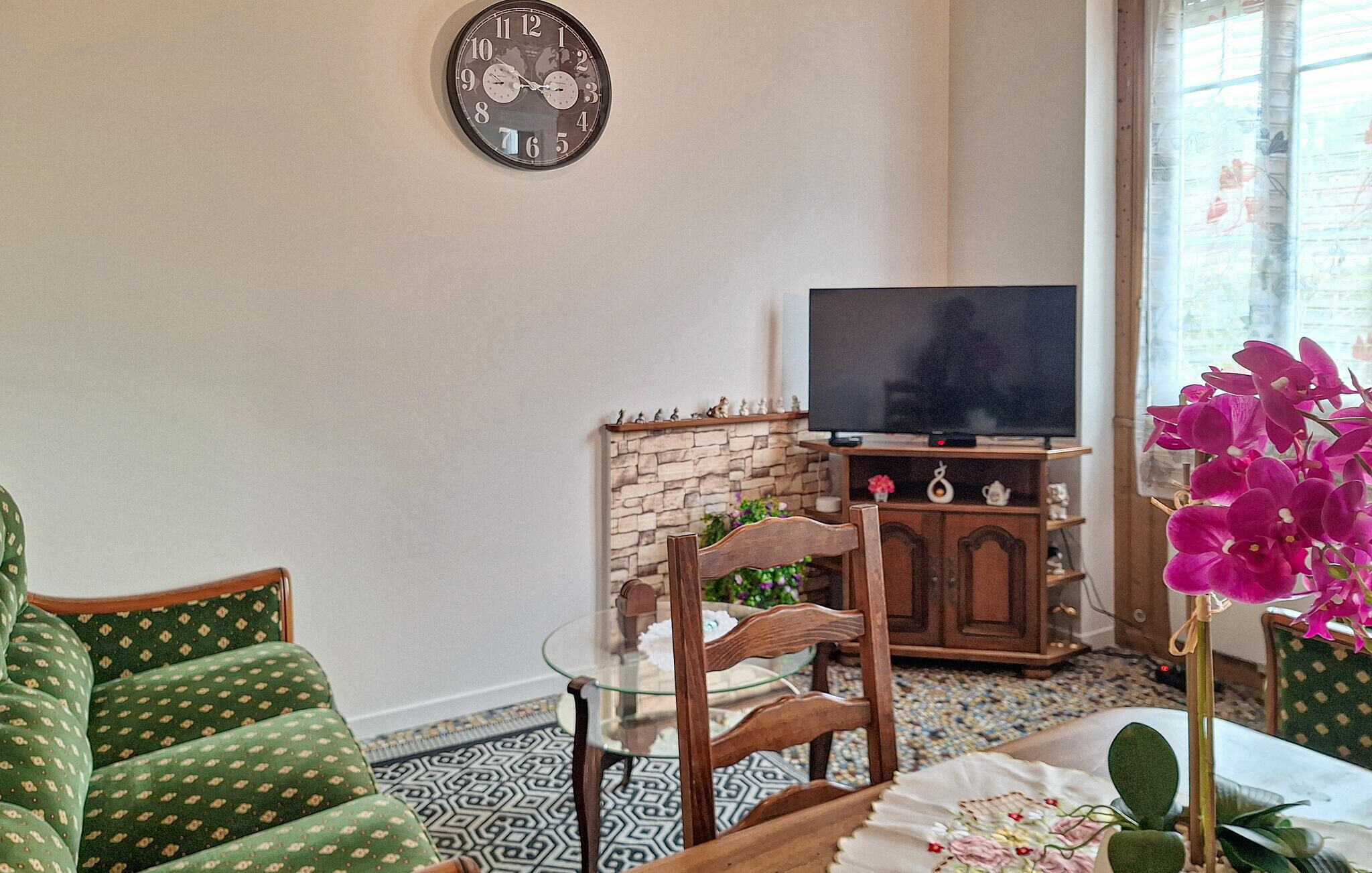 A living room with a TV, a stone wall, a glass table, and green patterned furniture.