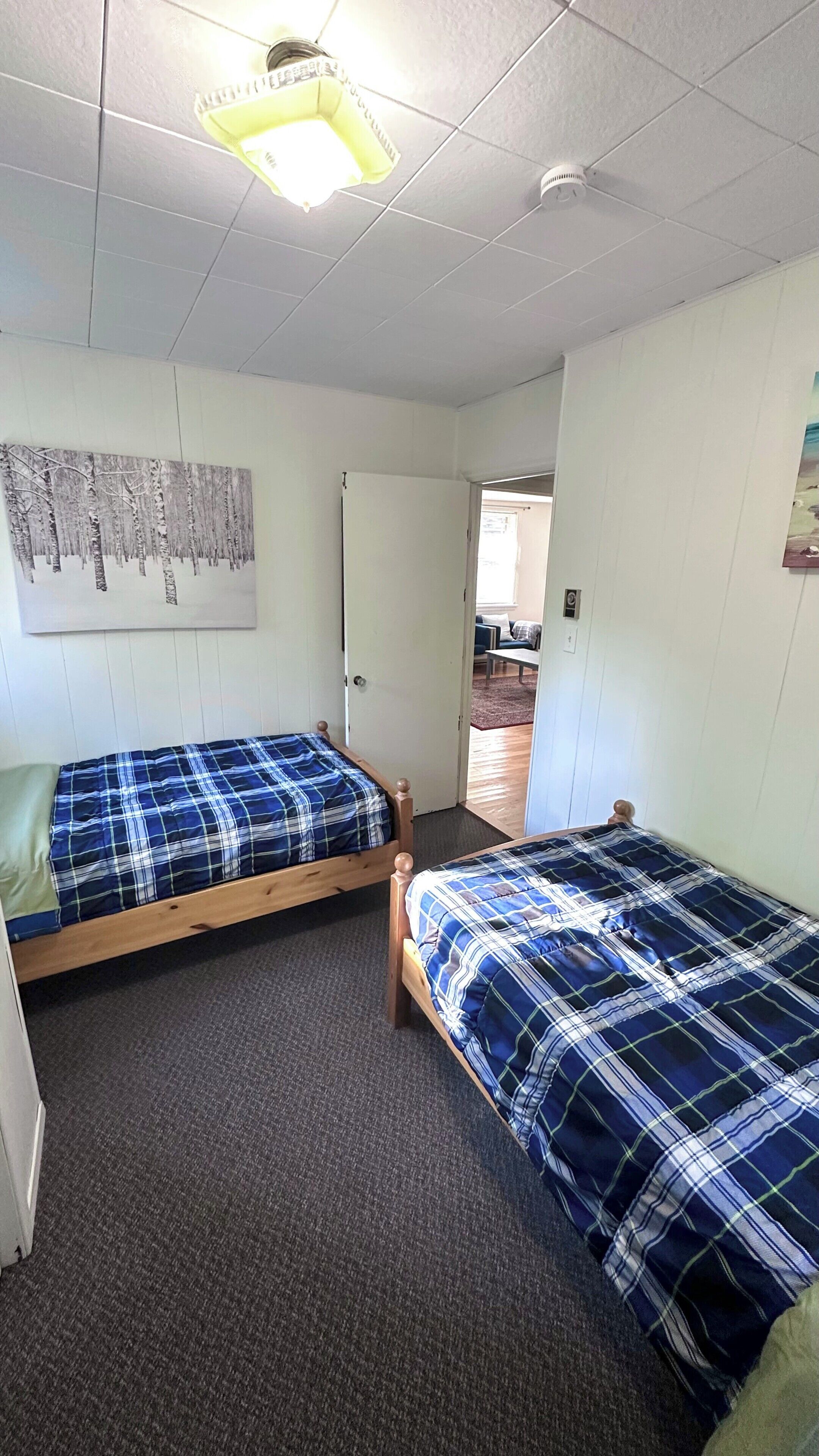 Una habitación con dos camas de madera, una lámpara en el techo, una puerta y un cuadro en la pared.
