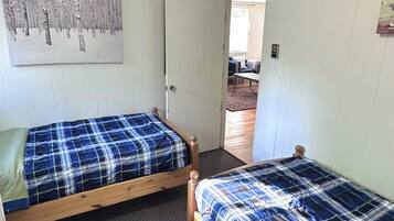 Una habitación con dos camas de madera, una lámpara en el techo, una puerta y un cuadro en la pared.