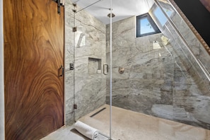 Shower, hair dryer, towels, soap
