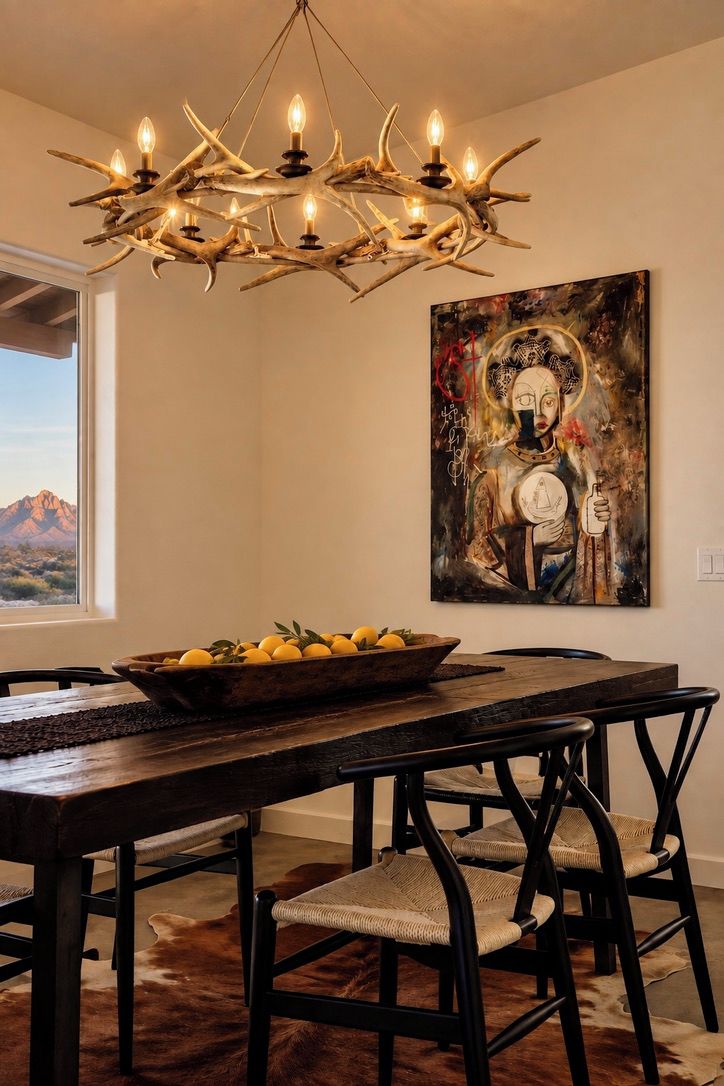 A dining area with a chandelier, a painting, and a view of mountains.