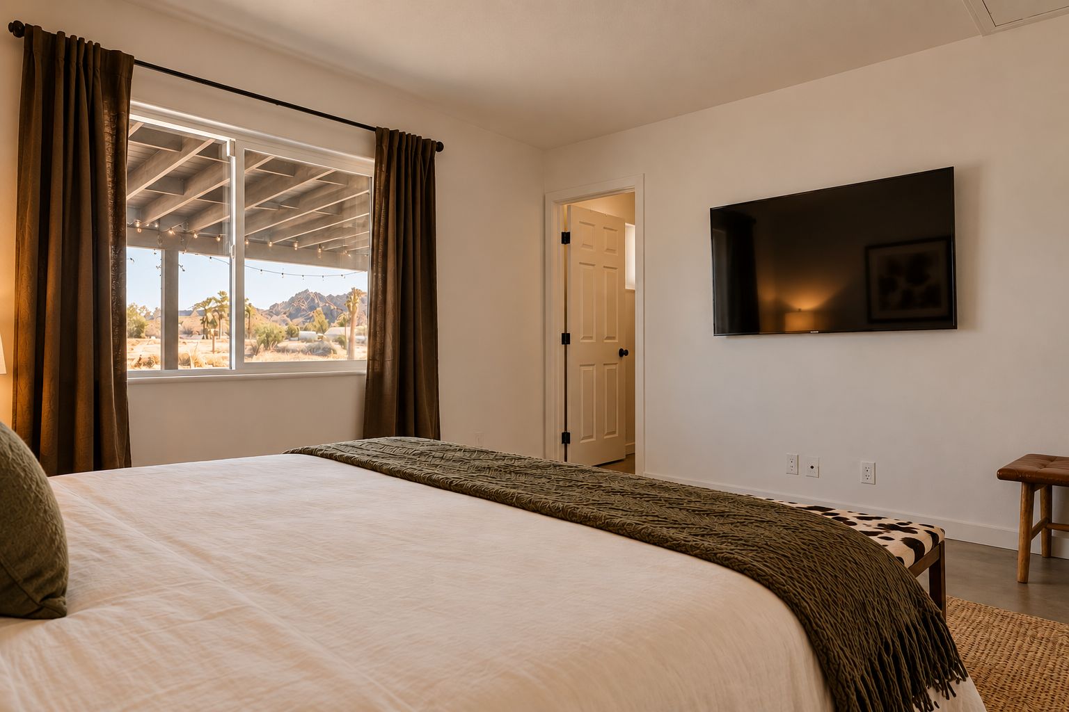 Una camera da letto con un letto, una televisione a muro e vista sull'esterno attraverso una finestra.