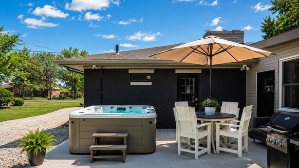 Ein Garten mit Whirlpool, Sitzgelegenheit und Grill.