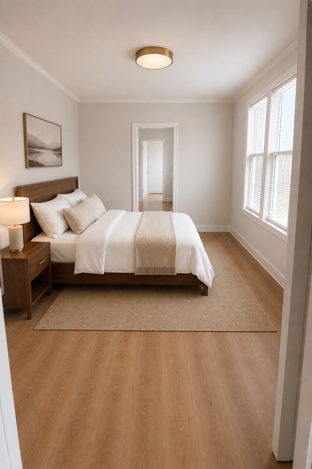 A bedroom with a bed, nightstand, lamp, and a view of a hallway.