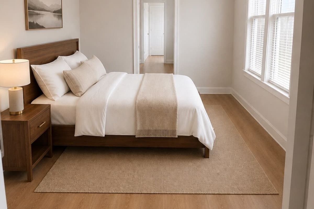 Une chambre à coucher avec un lit, une table de chevet, une lampe et une vue sur un couloir.