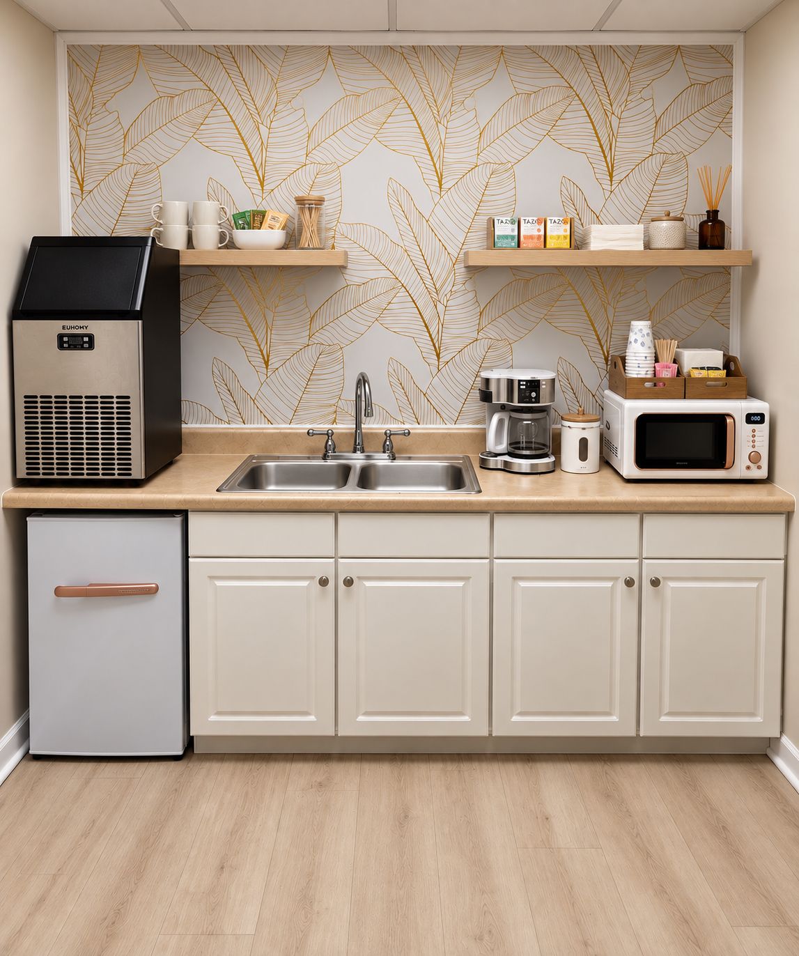 Una cocina con extractor de humos empotrado, un lavamanos doble, cafetera y microondas.