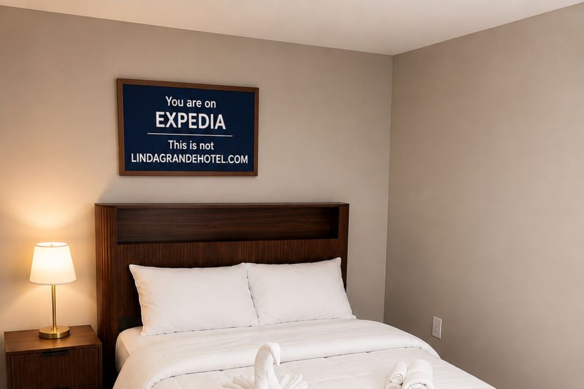 A hotel room with a large bed, a nightstand with a lamp, and a sign on the wall.