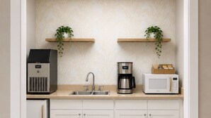 Una cocina compacta con aire acondicionado integrado, cafetera, microondas y dos repisas con plantas.