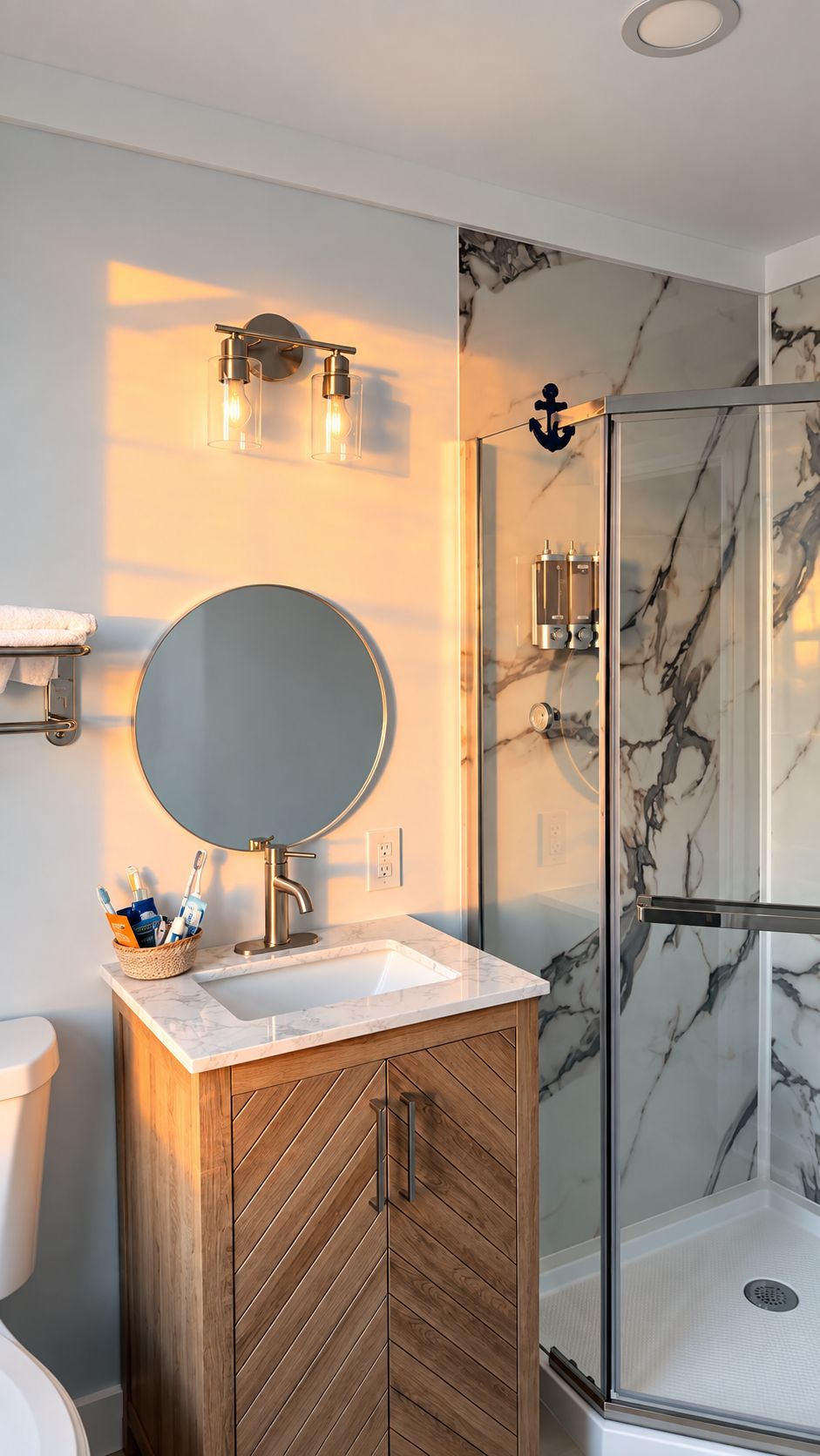 Un baño con tocador de madera, un espejo redondo, cabina de ducha de vidrio y detalles de pared de mármol.