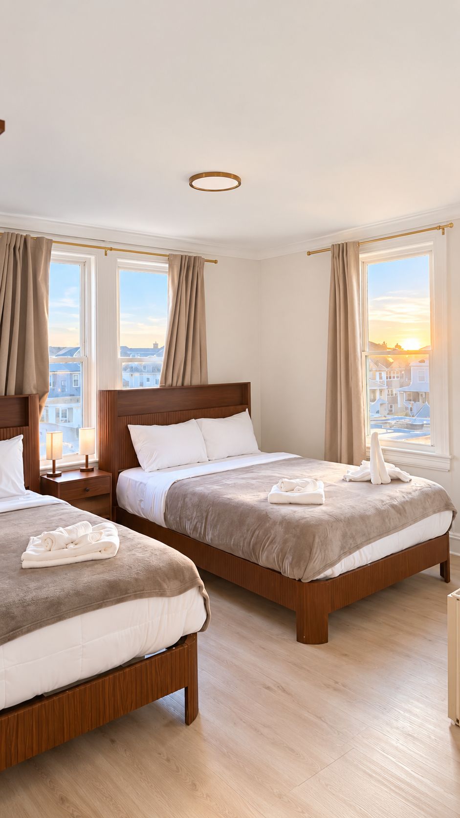 A hotel room with two beds, a wooden headboard, a nightstand with a lamp, and a view of the city through large windows.