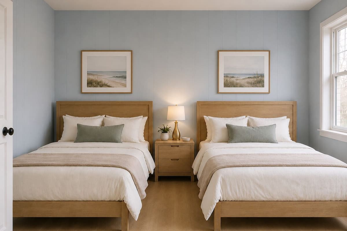 Une chambre avec deux lits, une table de chevet avec une lampe et deux tableaux encadrés au mur.