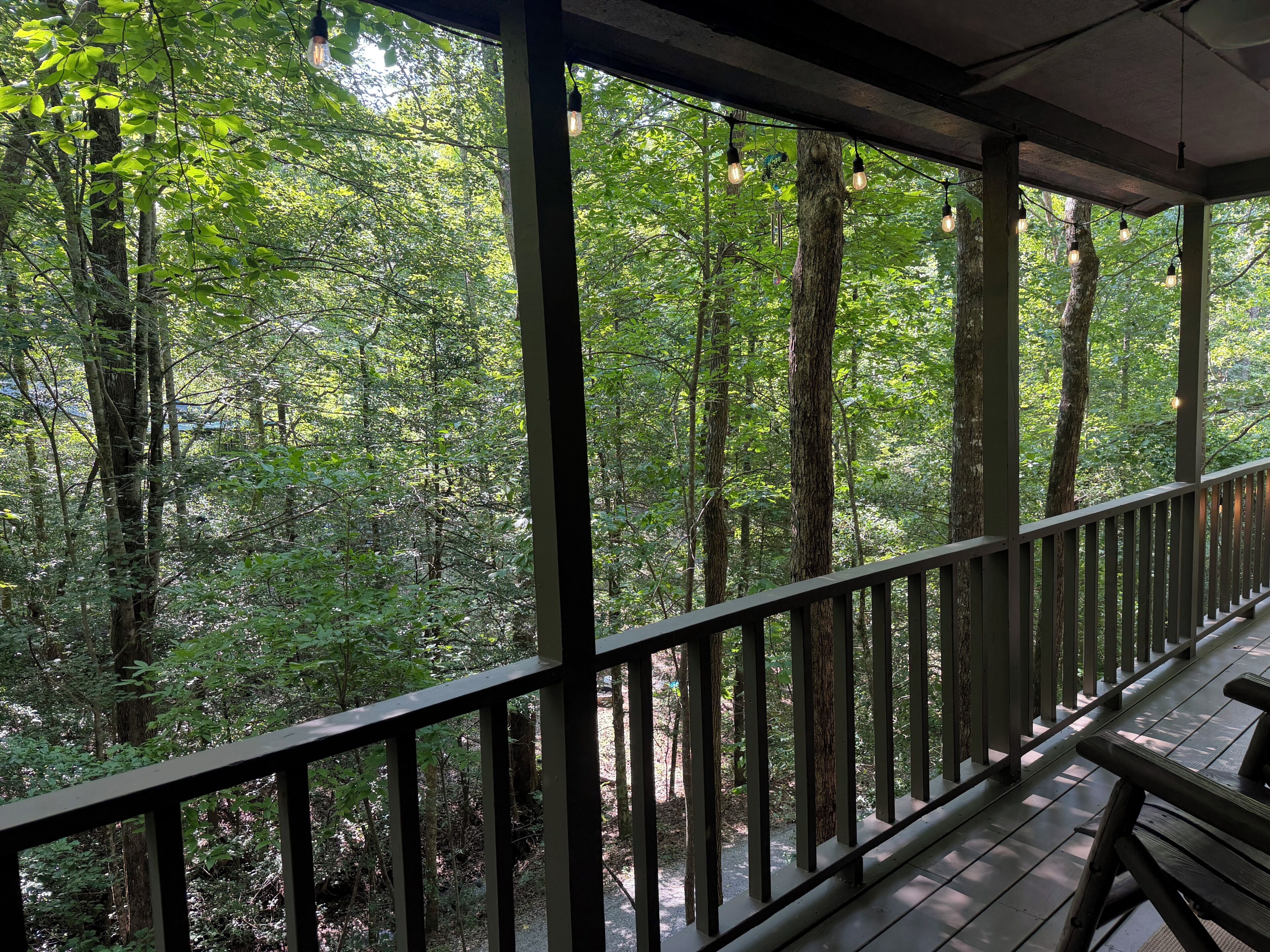 Un espacio al aire libre cubierto con una terraza y barandilla de madera, con vistas a un bosque frondoso.
