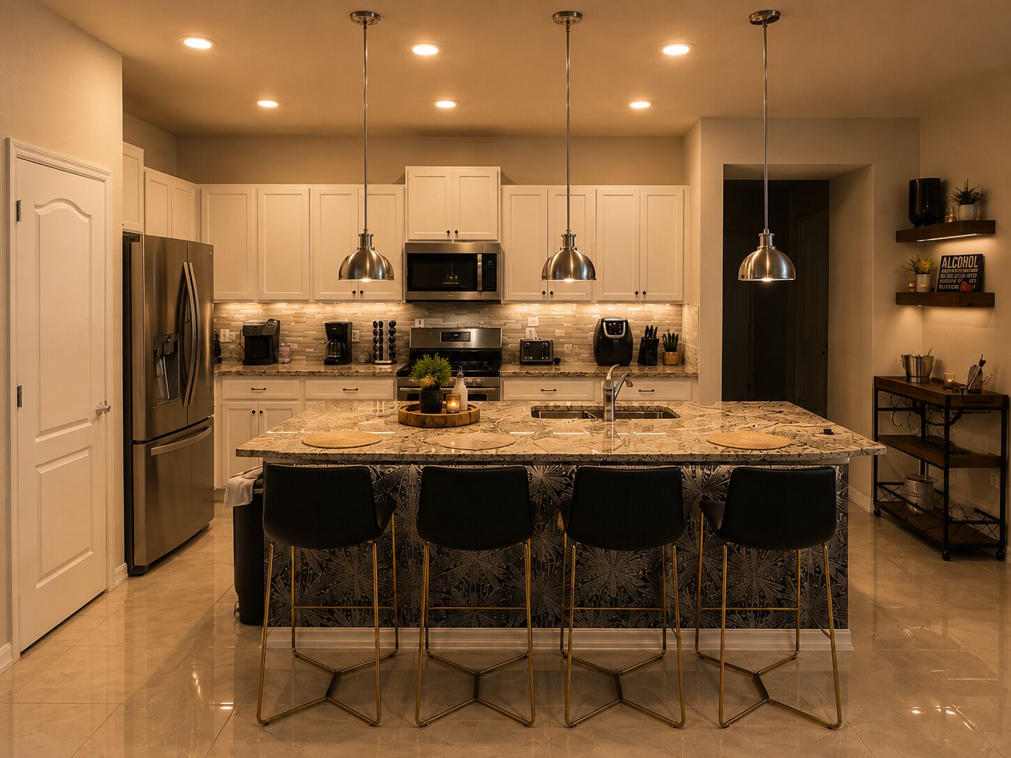 A modern kitchen with white cabinets, stainless steel appliances, a marble island with bar stools, pendant lighting, and a backsplash.