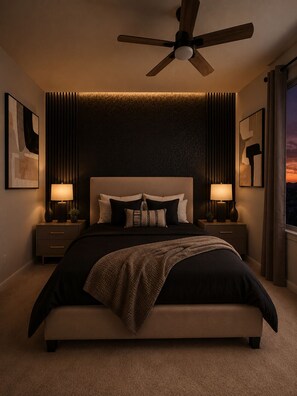 A bedroom with a bed, two bedside tables with lamps, a ceiling fan, and artwork on the walls. - Spacious 5-bedroom with private pool (Davenport)