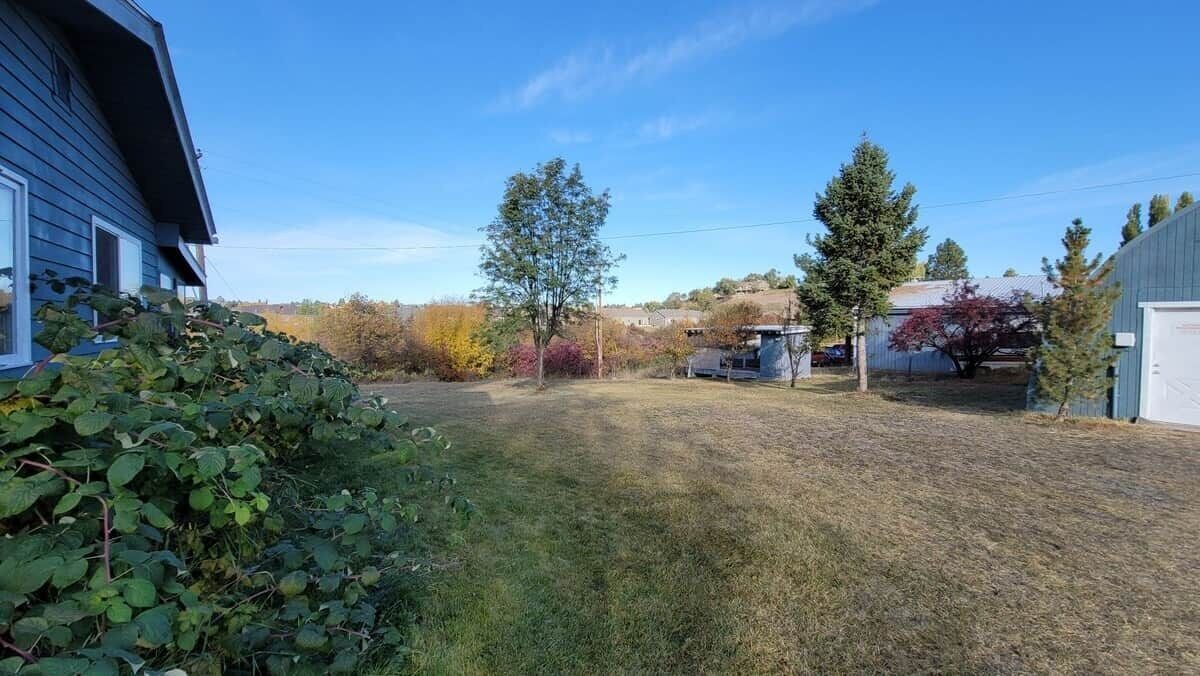 A residential property with a grassy yard, a house, and a garage.