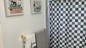Shower, towels, soap, shampoo