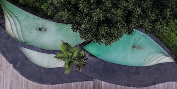 Piscina com duas áreas distintas, rodeada por vegetação exuberante e um deck de madeira.