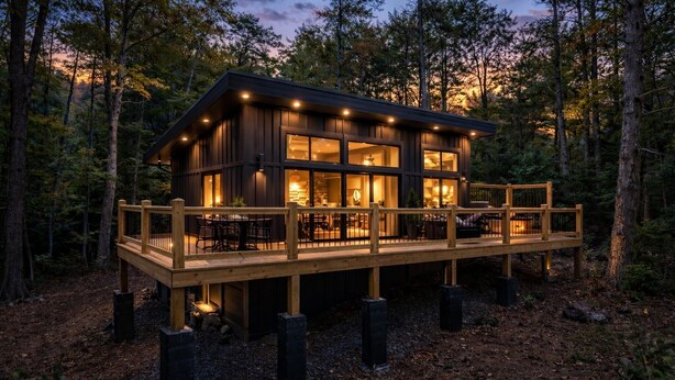 A cabin with a deck, built into a forest, featuring large windows and a wooden exterior. - Couples Retreat–2 Private Cabins,Hot Tubs,Firepits (Sevierville)