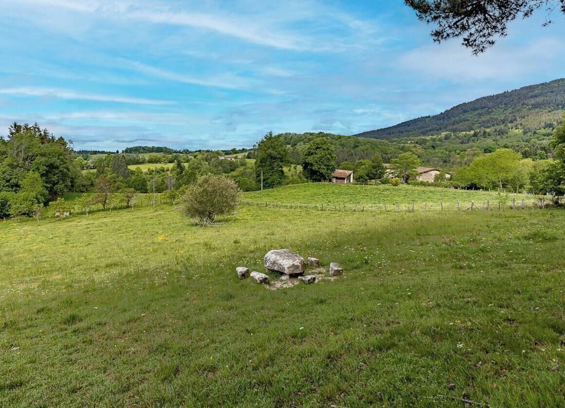 Paesaggio rurale con un prato erboso, una costruzione in pietra e una casa all'orizzonte.