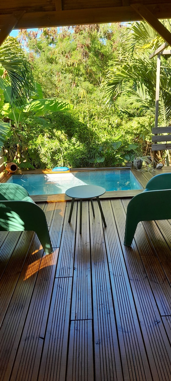 Eine Holzterrasse mit Pool, umgeben von üppiger Vegetation.