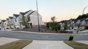 Een woonstraat met huizen, een voetpad en een lantaarnpaal.