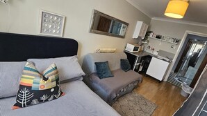 Espaço compacto com cama, sofá e cozinha compacta.