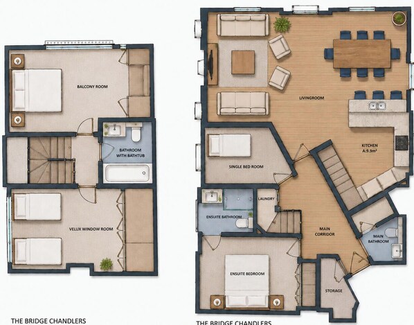 Ein Grundriss mit einem Balkonzimmer, einem Badezimmer mit Badewanne und einem Zimmer mit Velux-Fenster.