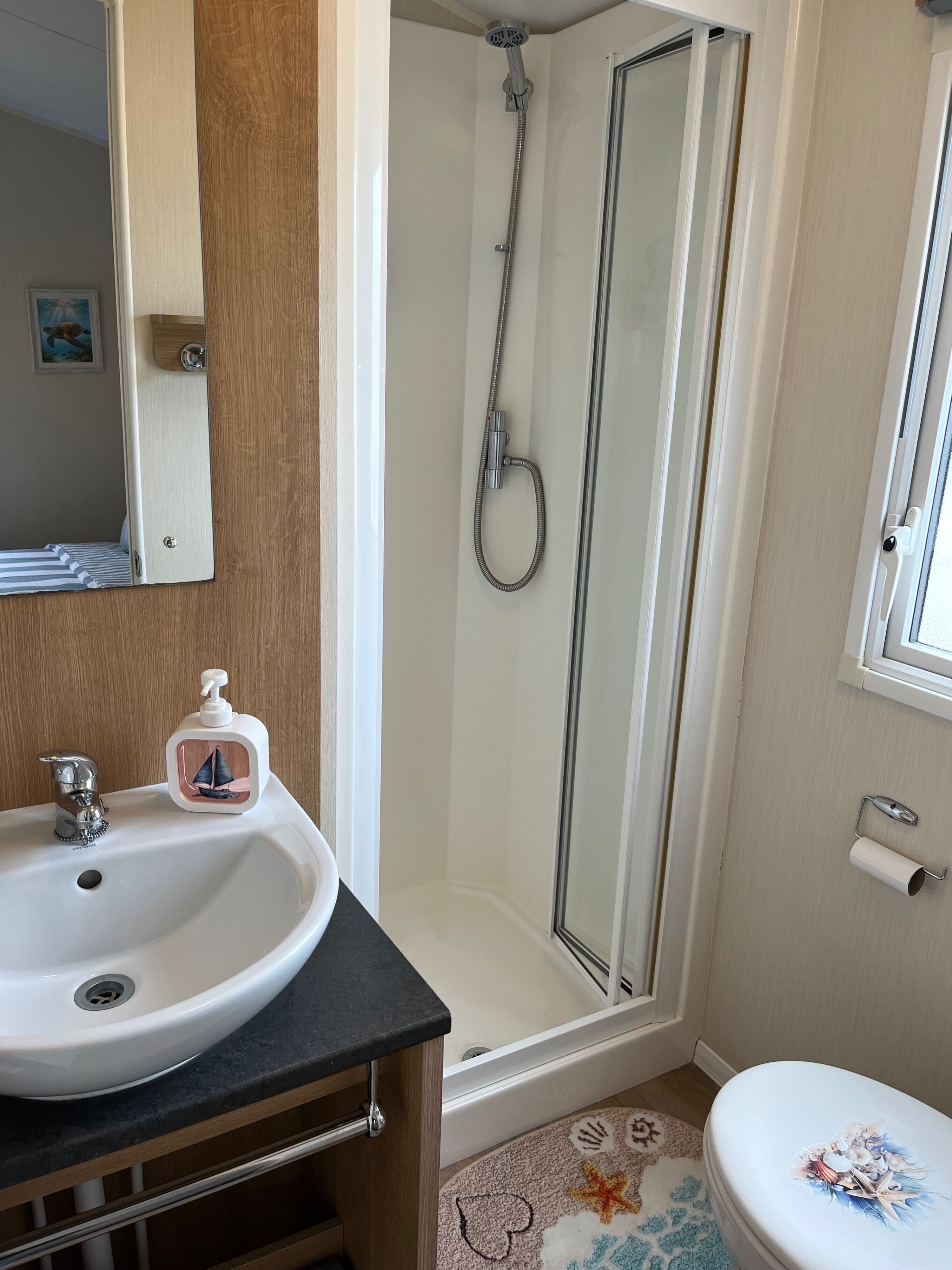Un baño con ducha, lavabo, inodoro y espejo.
