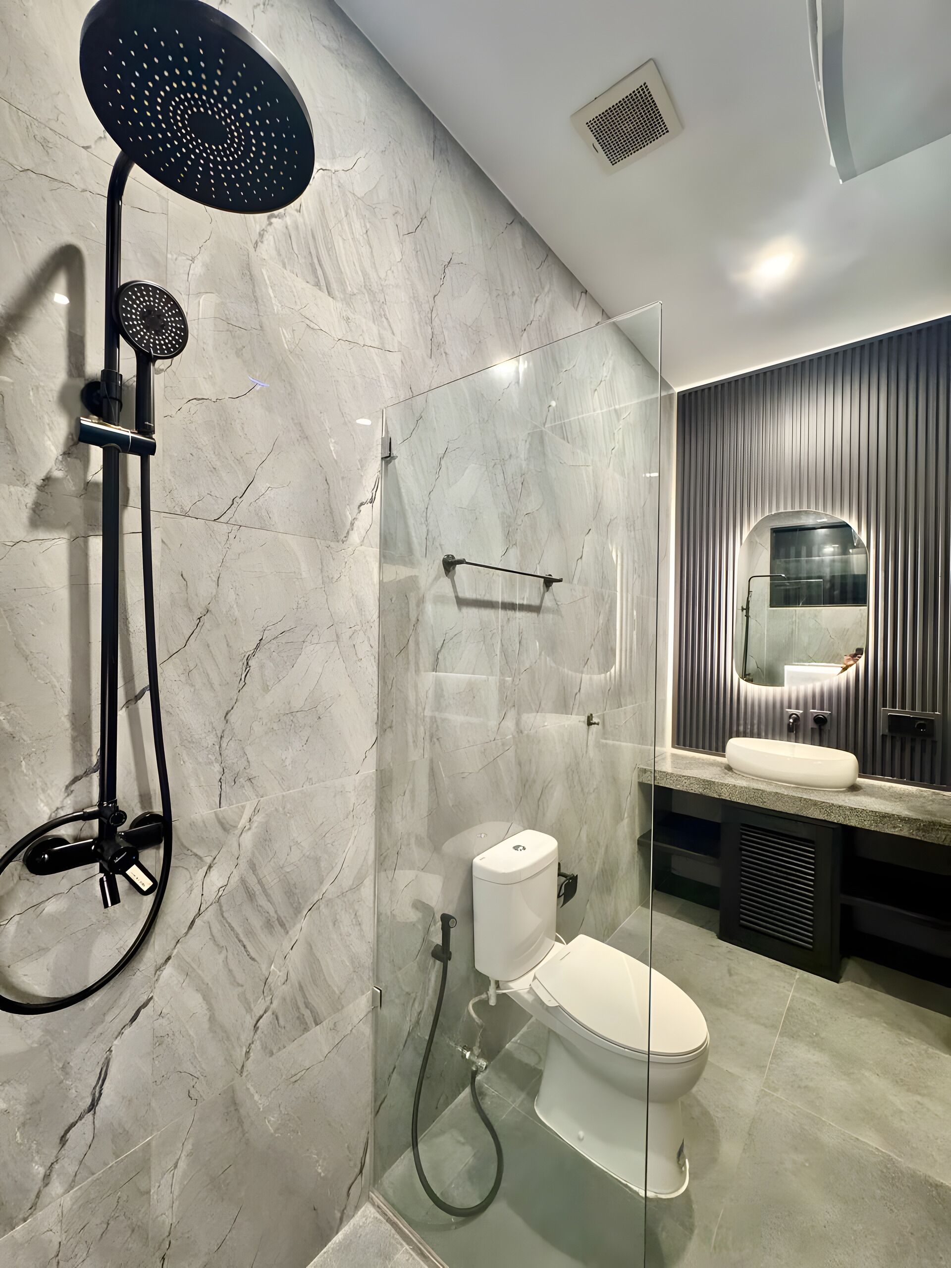 A modern bathroom with a glass-enclosed shower, a toilet, and a vanity with a mirror.