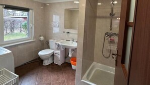 Un baño con inodoro, lavamanos y ducha.