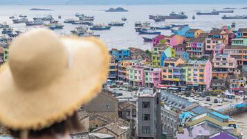 A woman in a hat overlooking a colorful coastal town with boats in the water.