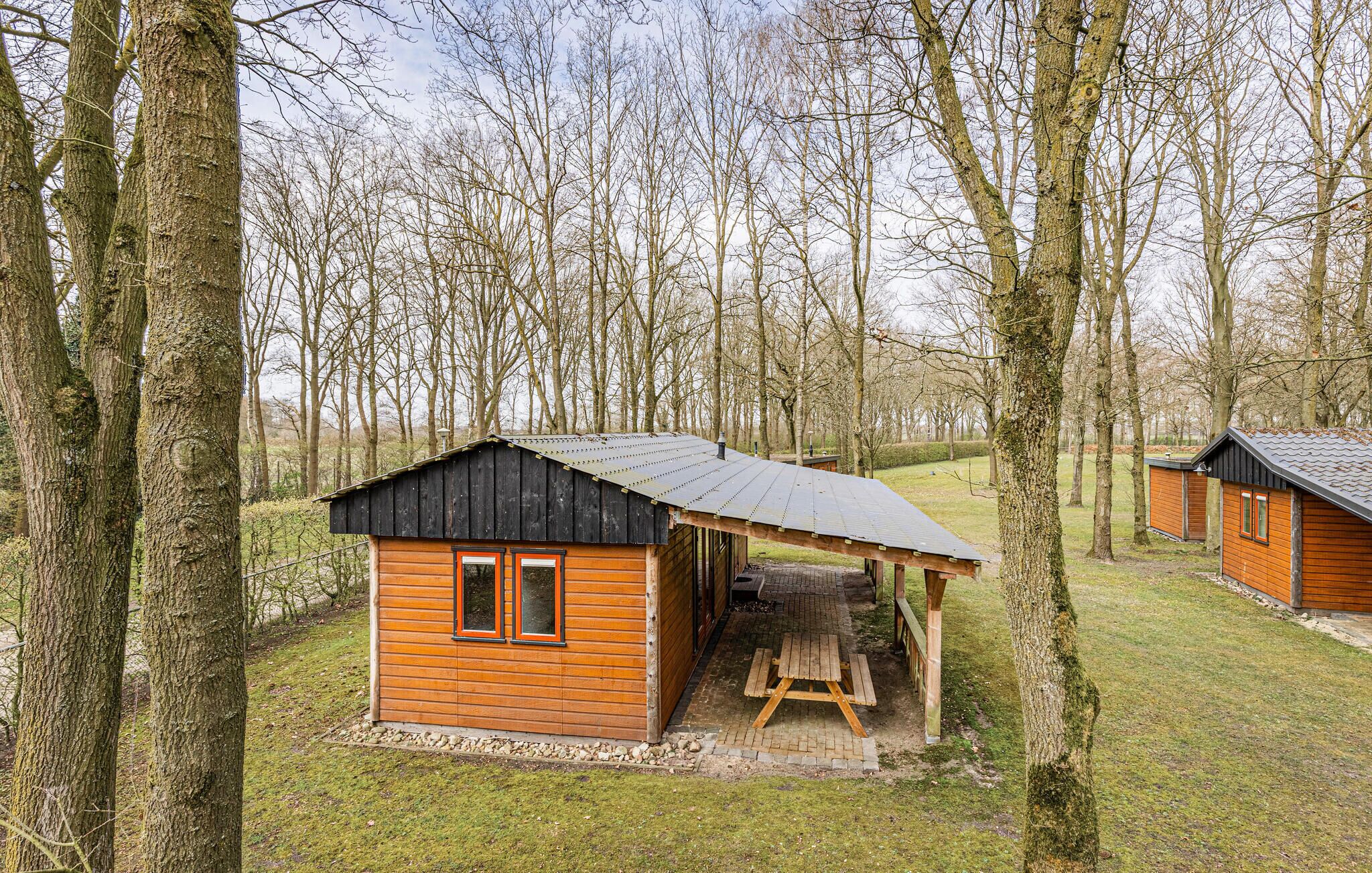 Una cabaña de madera pequeña con un porche cubierto y una mesa de picnic, rodeada de árboles.