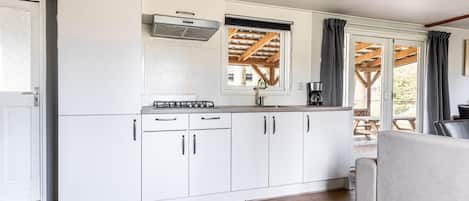 Fridge, microwave, stovetop, coffee/tea maker