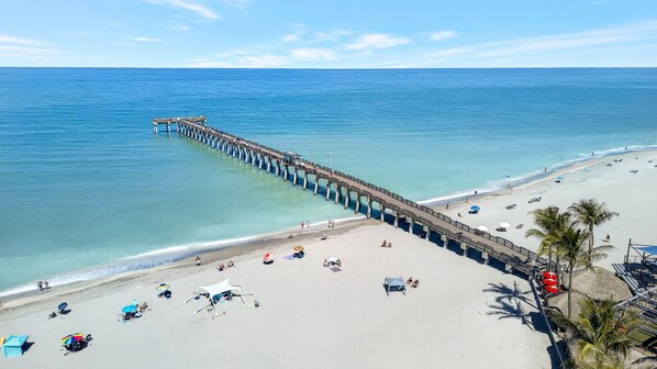 A pier extending into the ocean with a beach and palm trees nearby.