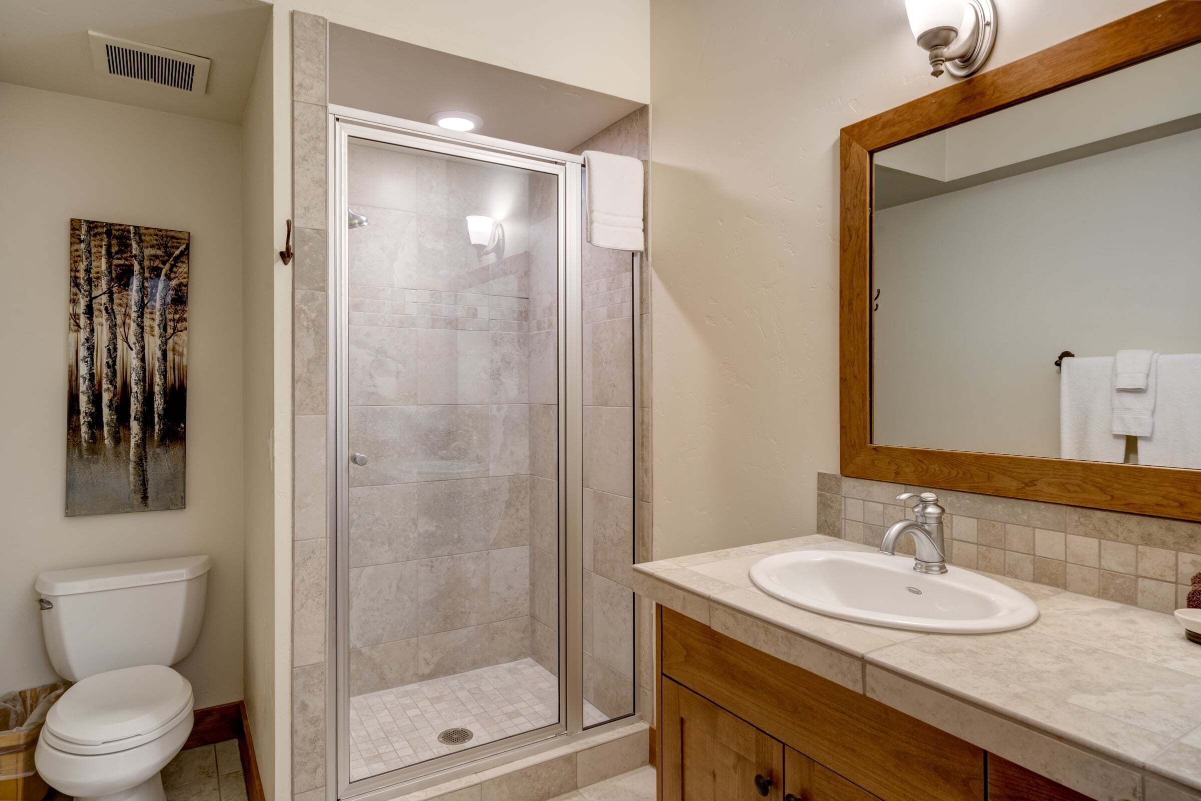 A bathroom with a toilet, shower, sink, and mirror.
