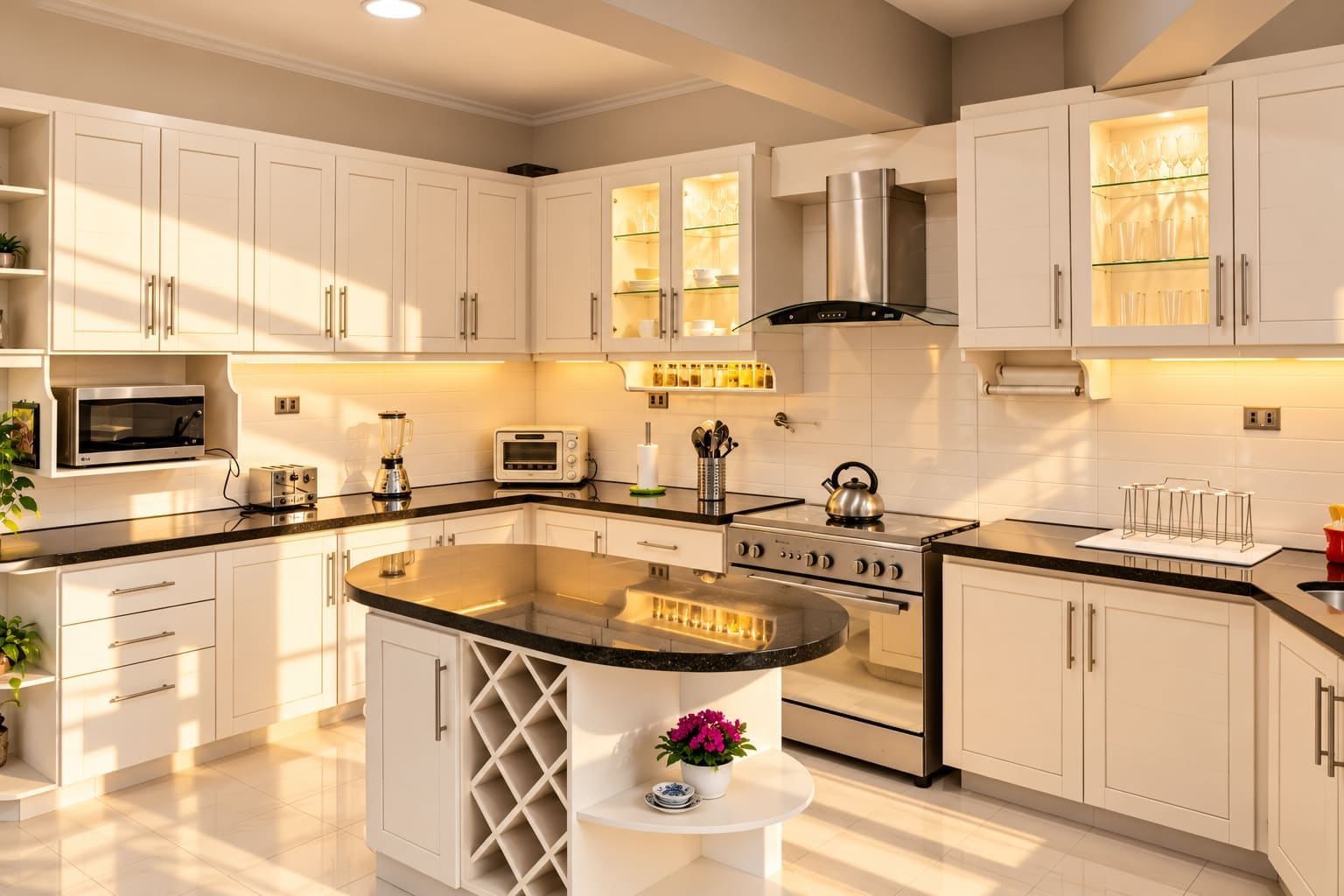 A modern kitchen with white cabinetry, a central island, and built-in appliances.