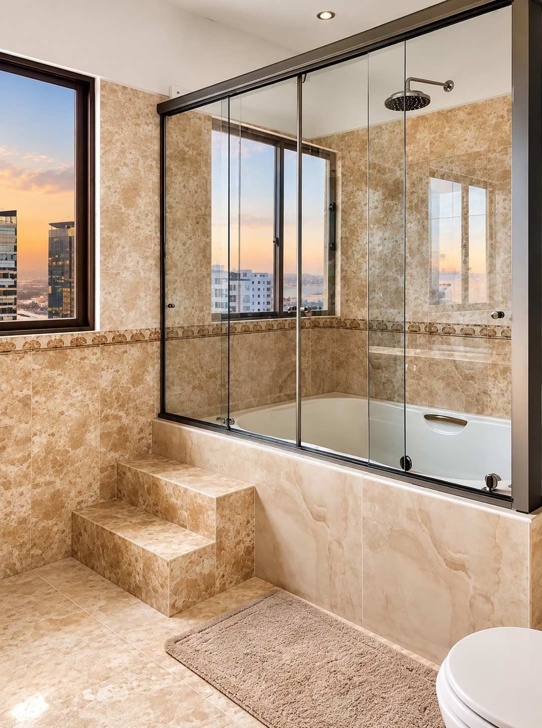 A modern bathroom with a glass-enclosed shower, a bathtub, and a toilet.