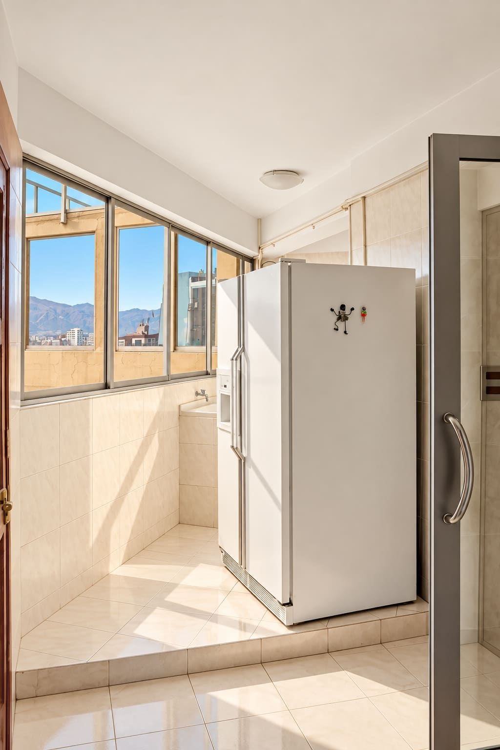 Eine moderne Küche mit Einbaukühlschrank, einem Fenster mit Blick auf Gebäude und einer Tür zu einem anderen Raum.