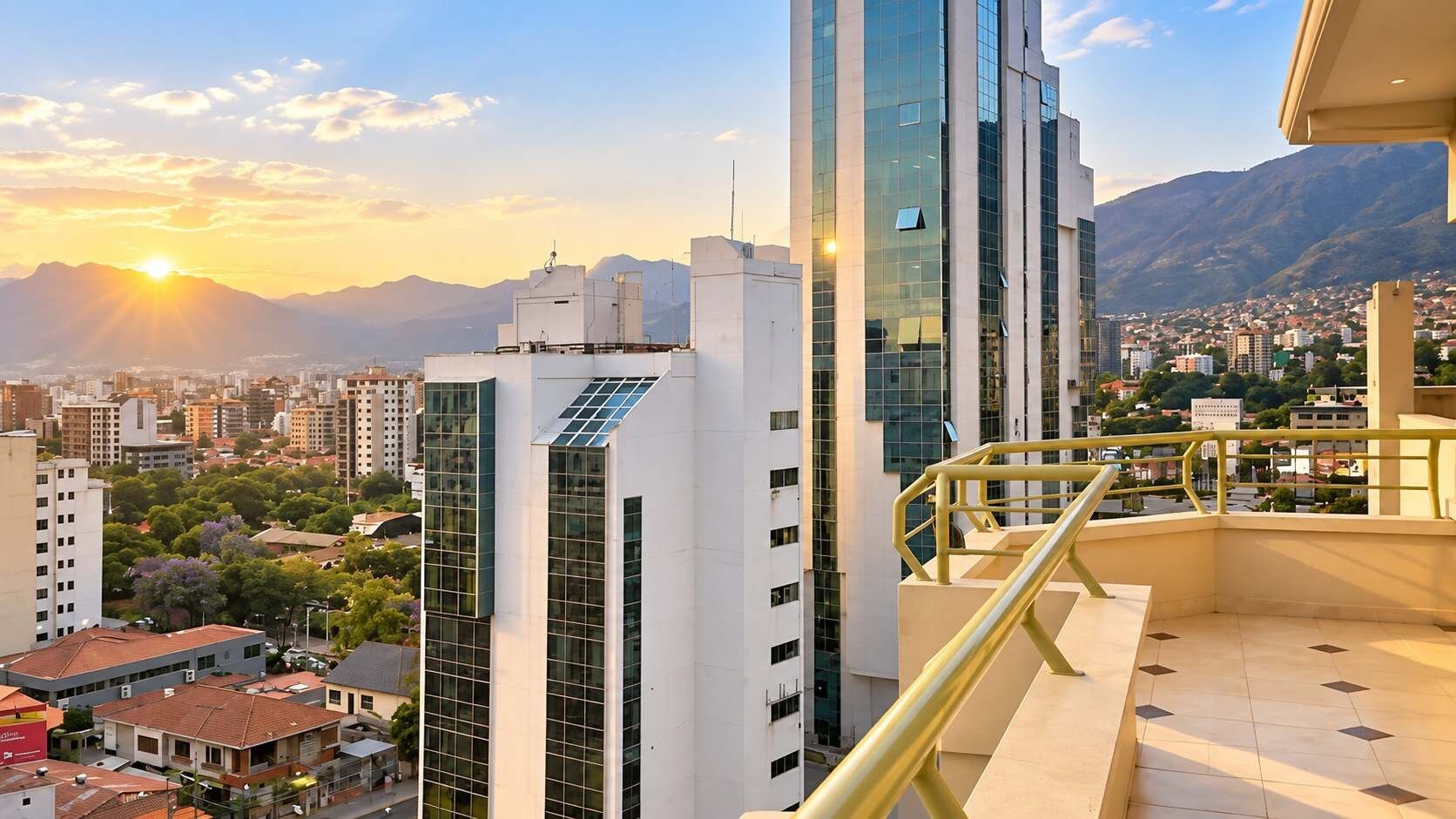 A high-rise building with a modern glass facade, a balcony with yellow railings, and a cityscape with mountains in the background.