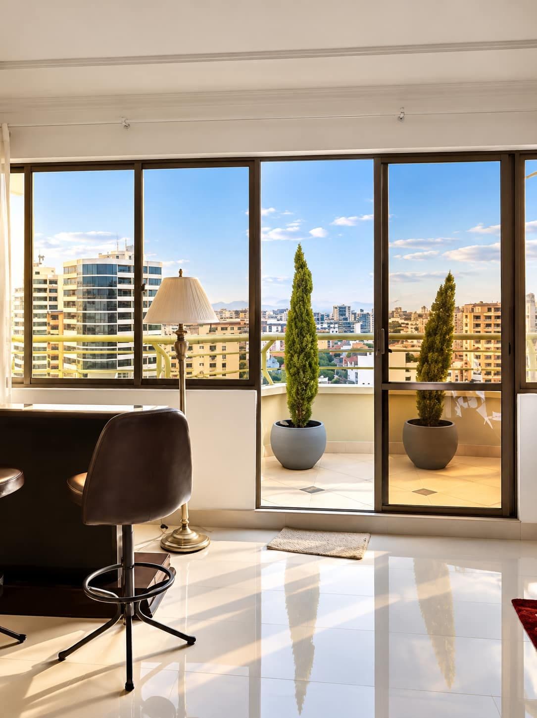 A modern living room with a large window, a sofa, a lamp, and two potted plants.