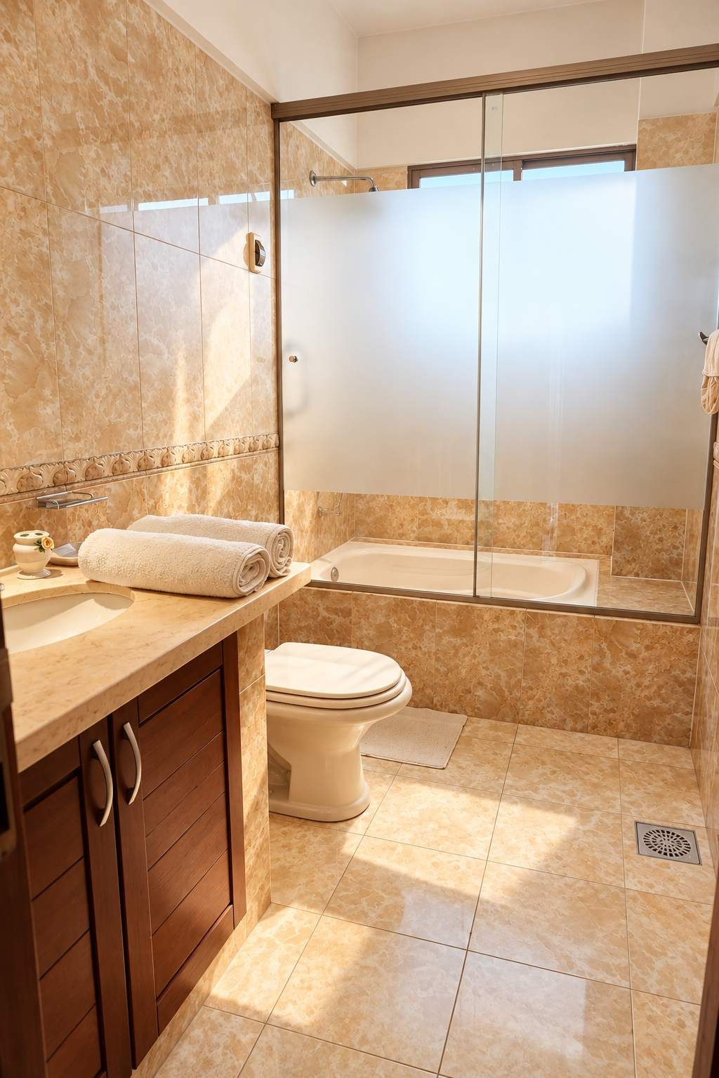 Ein Badezimmer mit Badewanne, Toilette und einer Duschkabine aus Glas.