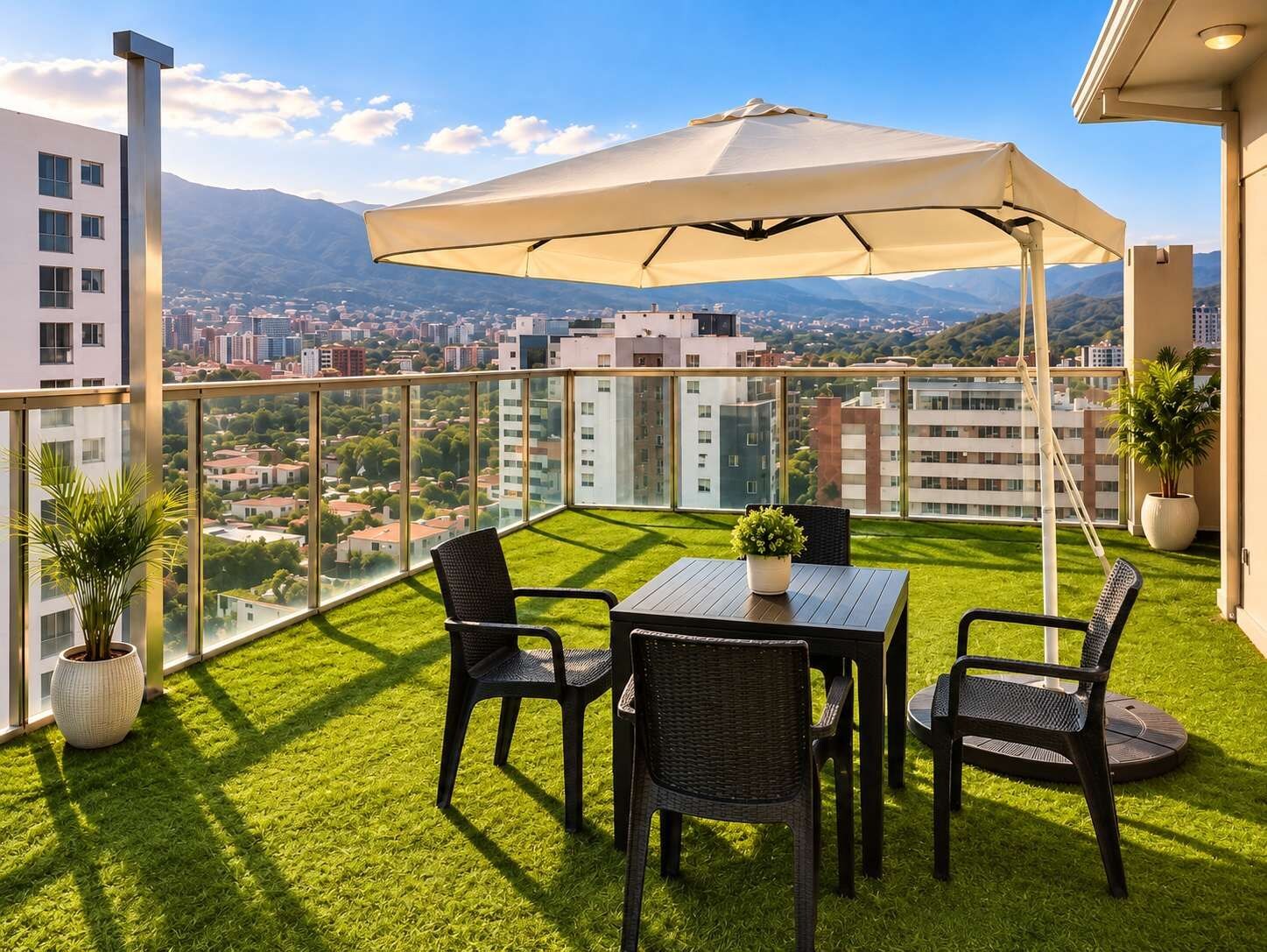 Rooftop patio with views of Tunari mountain