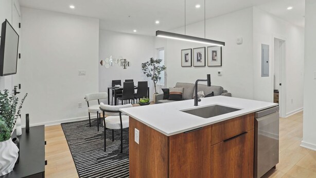 Une cuisine moderne dotée d’un îlot central, un coin repas avec une table et des chaises, et un espace de vie avec un canapé et une plante.