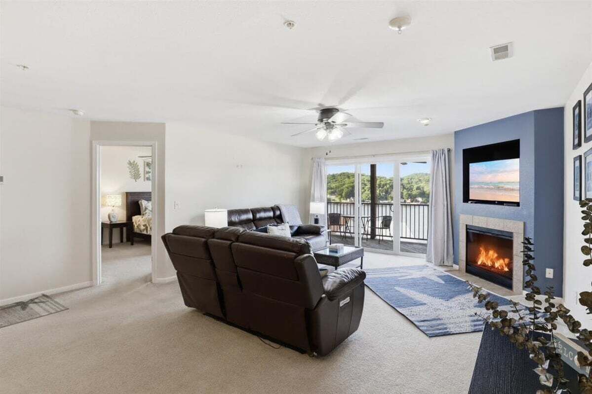 Smart TV, fireplace, books