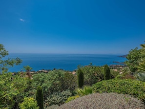 Eine Küstenlandschaft mit freiem Blick auf das Meer, dichter Vegetation und einer ferne Stadt.