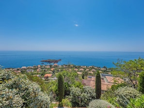 Eine Küstenstadt mit Häusern, blauem Himmel und dem Meer.