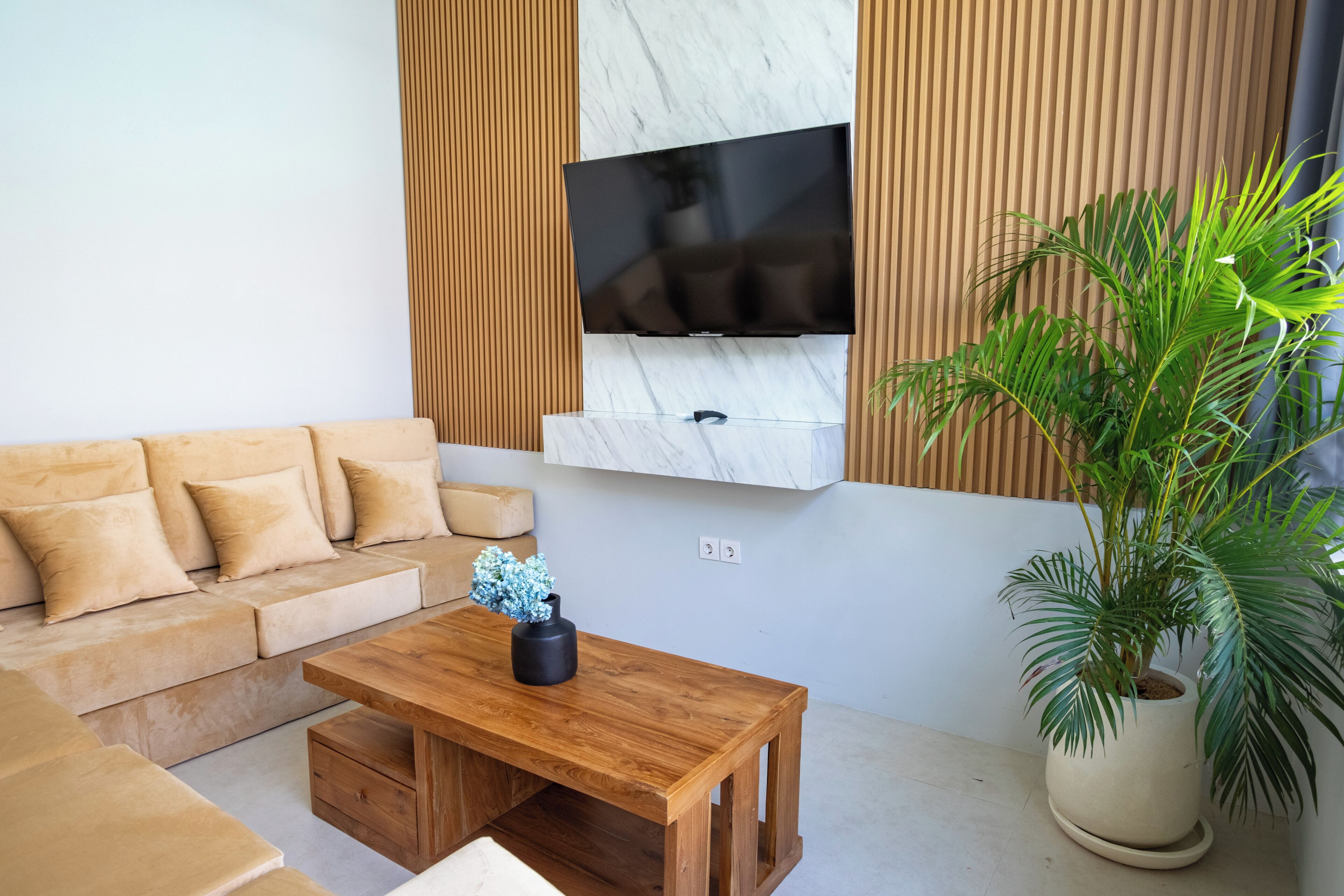Ein modernes Wohnzimmer mit Sofa, Couchtisch, Fernseher und einer Zimmerpflanze.