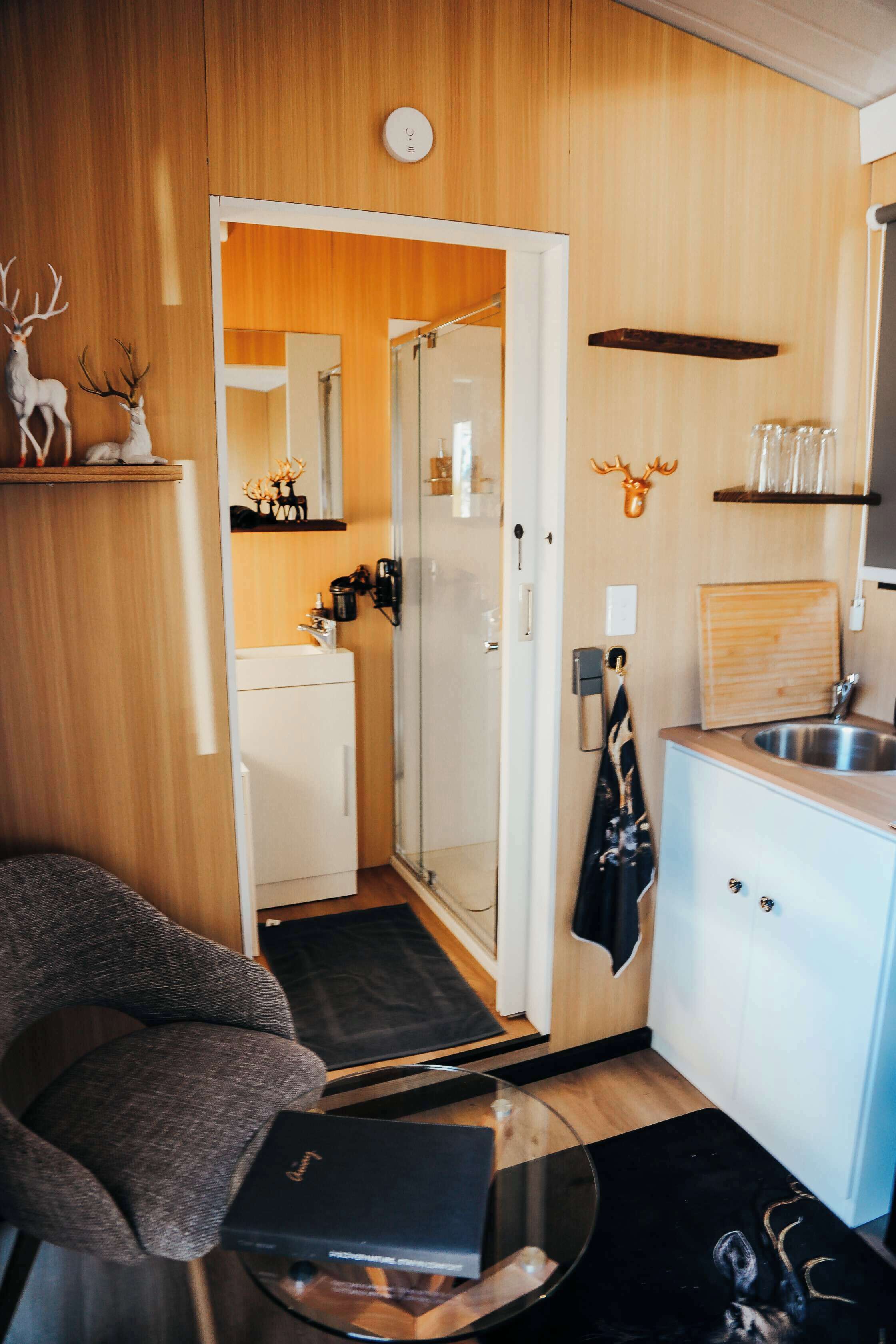 Shower, hair dryer, towels, shampoo